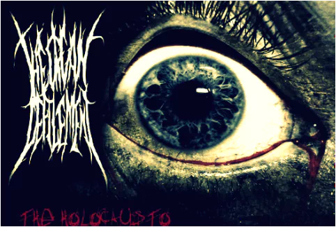 A close-up of an eerie eye, featuring intense detail, accompanied by the text The Organ Defilement and The Holocaust. Reflects the dark aesthetic of the music genre.