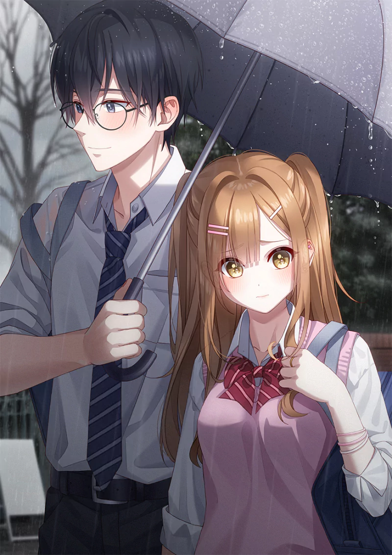 An anime couple stands close under an umbrella in the rain, with the boy wearing glasses and a tie and the girl in a pink school uniform.