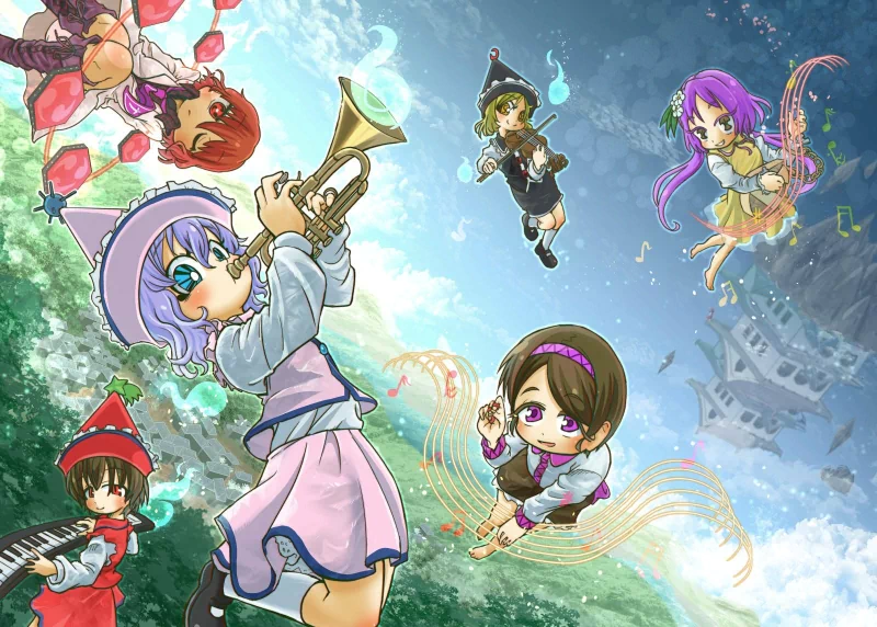 Raiko Horikawa Benben Tsukumo Yatsuhashi Tsukumo Lyrica Prismriver Lunasa Prismriver Merlin Prismriver Anime Touhou Image