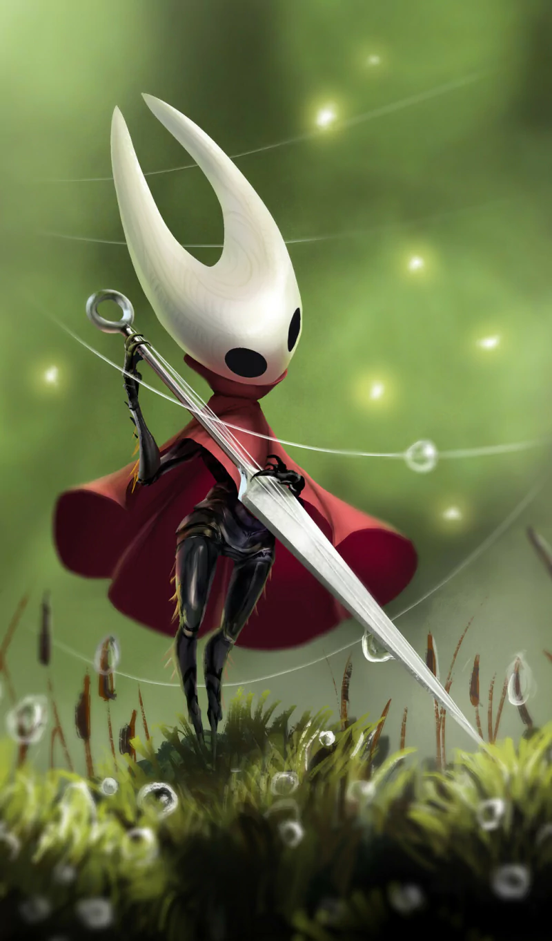 Hornet, from the video game Hollow Knight, stands on a grassy mound with her red cloak billowing, gripping her long needle and thread amid glowing green motes.