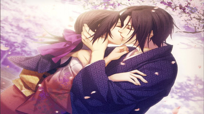 Anime-style kiss scene from Hakuouki Shinsengumi Kitan beneath blooming cherry blossoms, capturing a tender, romantic moment.