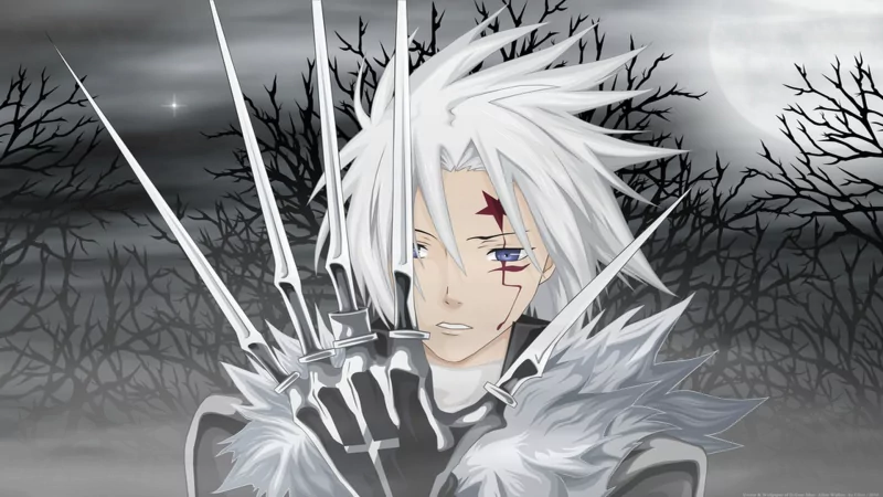 Anime-style illustration of a white-haired character from D.Gray-man with sharp metal claws, a red mark on his face, set against a dark, eerie forest background.