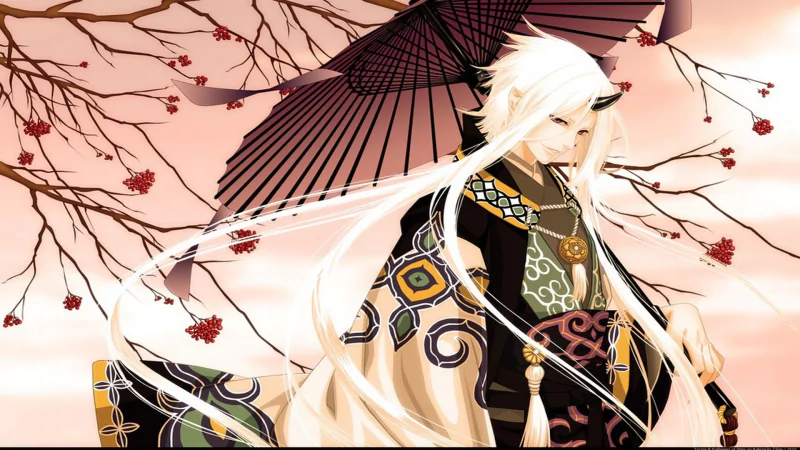 Anime-style depiction of a white-haired demon from Hiiro No Kakera, standing beneath delicate cherry blossom branches with a traditional Japanese umbrella.