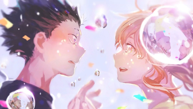 Shouya Ishida and Shouko Nishimiya from the anime A Silent Voice share a glowing, emotional moment surrounded by floating petals and light.