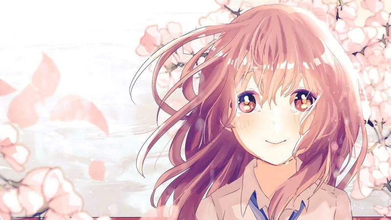 Shouko Nishimiya from the anime A Silent Voice, smiling gently with cherry blossoms softly falling around her against a pastel background.