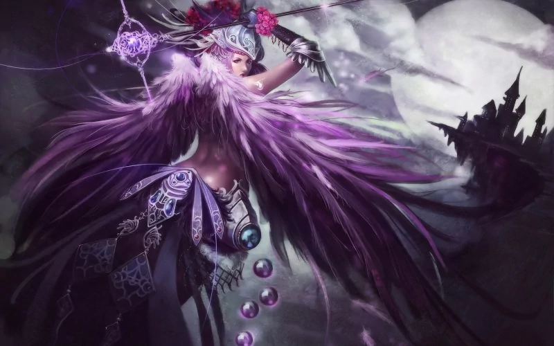 A mystical character with large purple wings and elaborate armor from the video game AION, set against a dark, ethereal background.