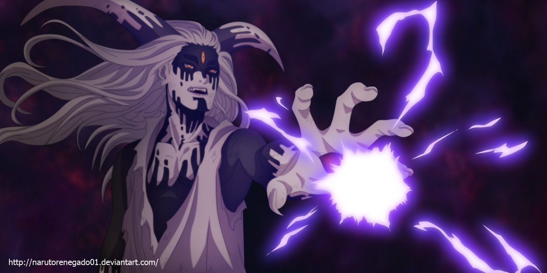 Momoshiki Ōtsutsuki from Boruto anime unleashes a powerful purple lightning attack with an intense expression in a dark, ominous setting.
