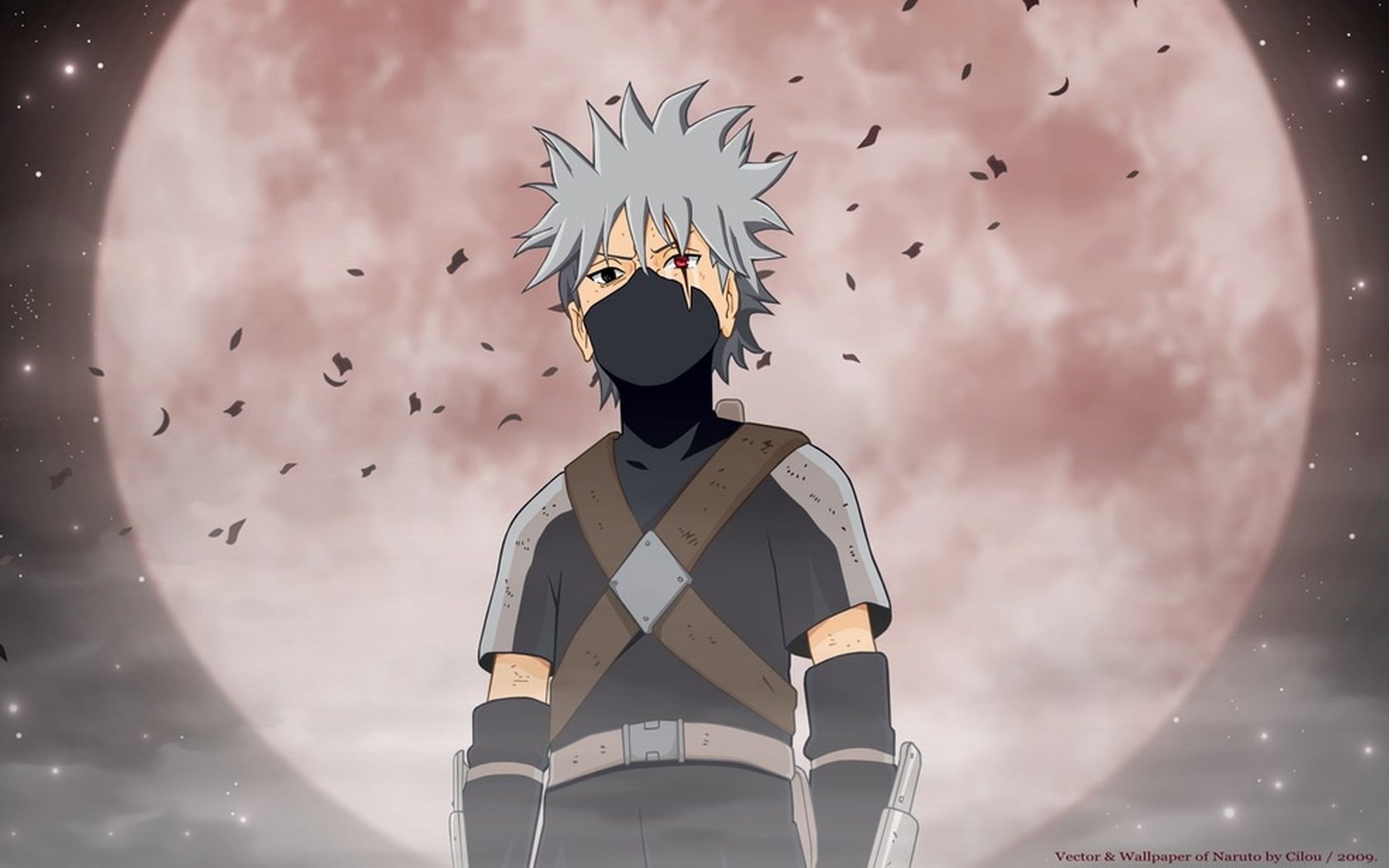 Anime, Naruto — masked silver-haired shinobi stands before a huge red moon, wearing armor and a face mask as leaves swirl in the night.