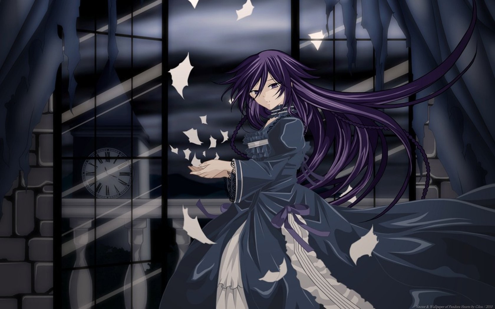 Pandora Hearts anime night: a purple‑haired girl in a flowing dark dress tosses pages across a moonlit, gothic room with curtains and broken clockwork in the shadows.