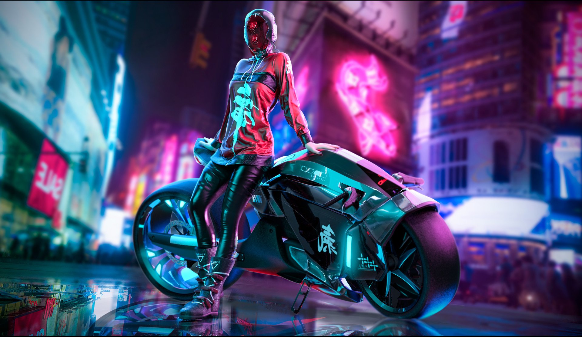 A cyberpunk-themed sci-fi character stands beside a futuristic motorcycle in a neon-lit urban environment at night.