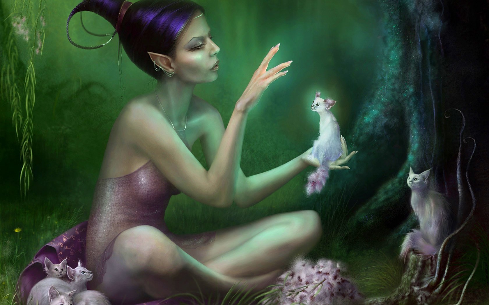 A fantasy elf with pointed ears gently holds a small white cat creature in a mystical forest, surrounded by other similar cat-like creatures.
