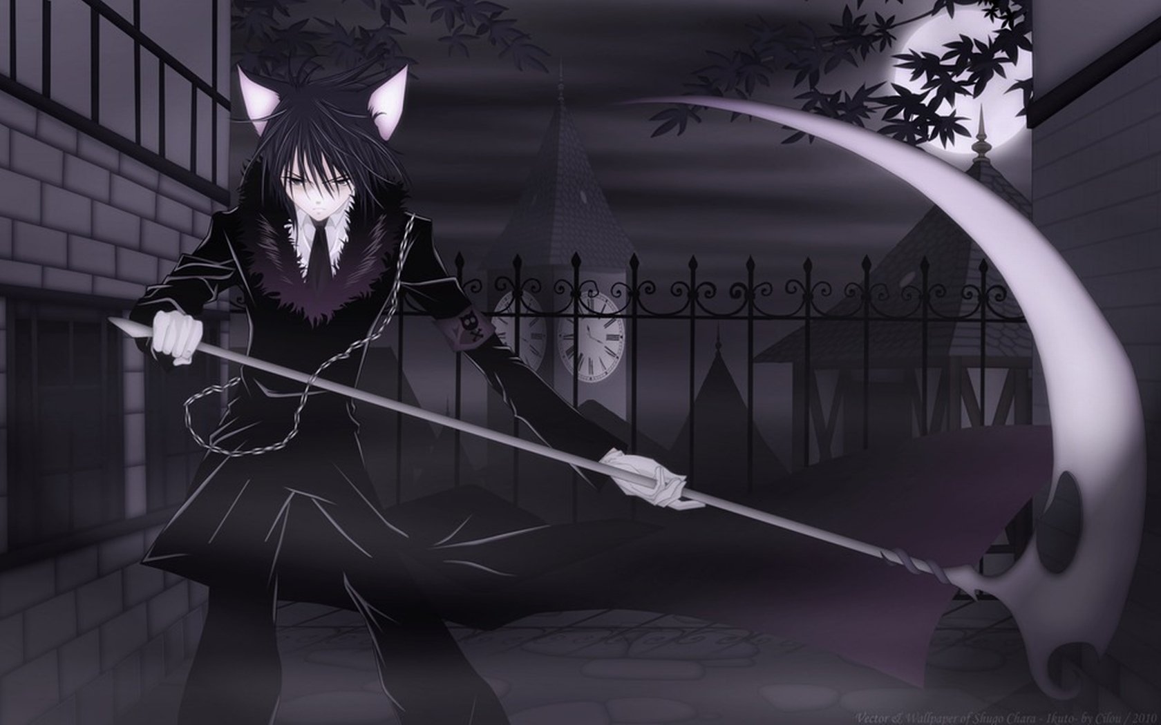 Shugo Chara anime night: a cat-eared, dark-clad character stands under moonlight in a misty graveyard, gripping a large scythe.