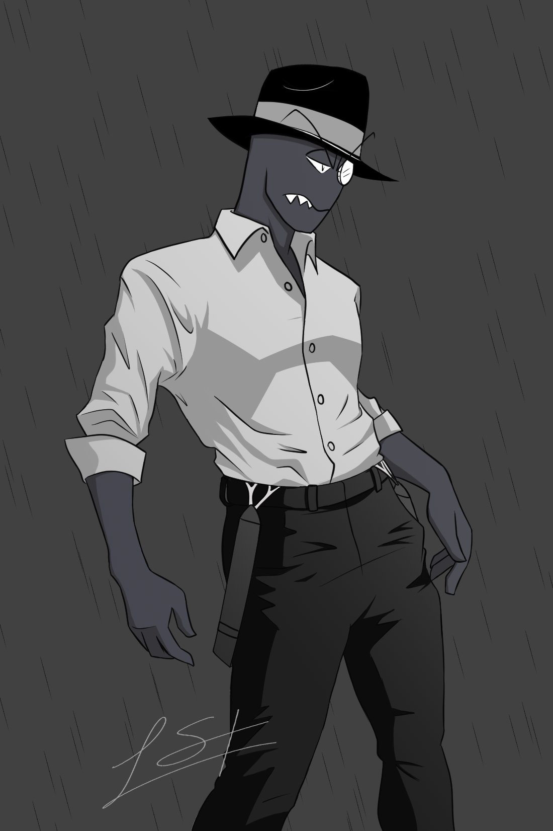 Black Hat from the TV show Villainous in grayscale, fedora tilted, white shirt and black pants, menacing grin and clawed hands as rain falls.