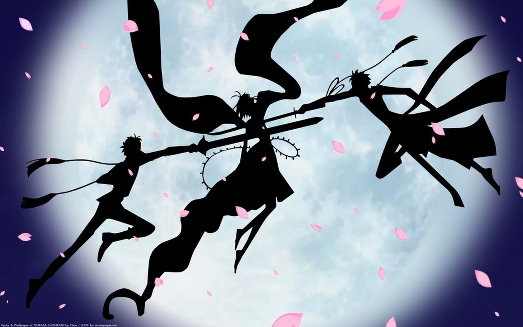 Silhouetted trio from Tsubasa: Reservoir Chronicle leap before a full moon, ribbons and cherry petals drifting through a moonlit anime night