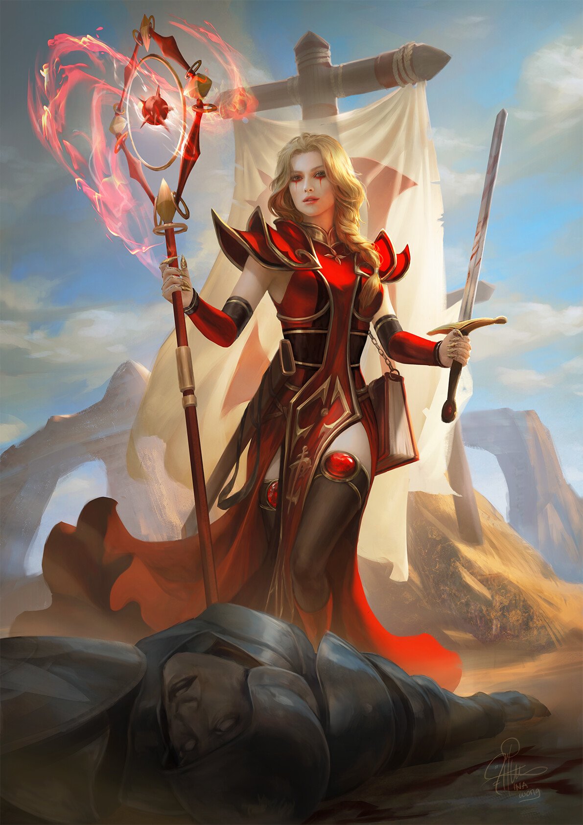 World of Warcraft video game art: red-armored female mage with glowing red staff and sword, standing triumphant over a fallen knight before a war banner.