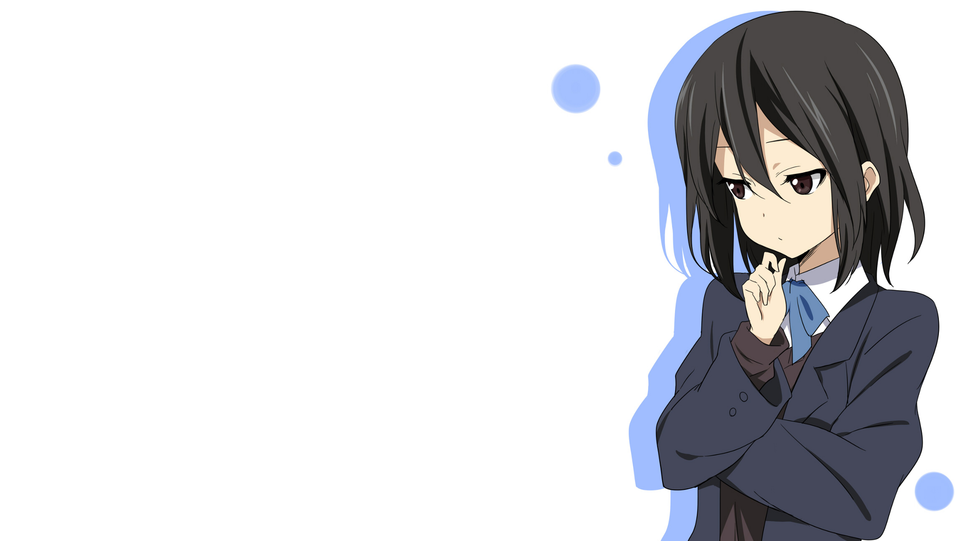 A thoughtful Himeko Inaba from the anime Kokoro Connect is depicted, with her arms crossed and a contemplative expression against a light background.