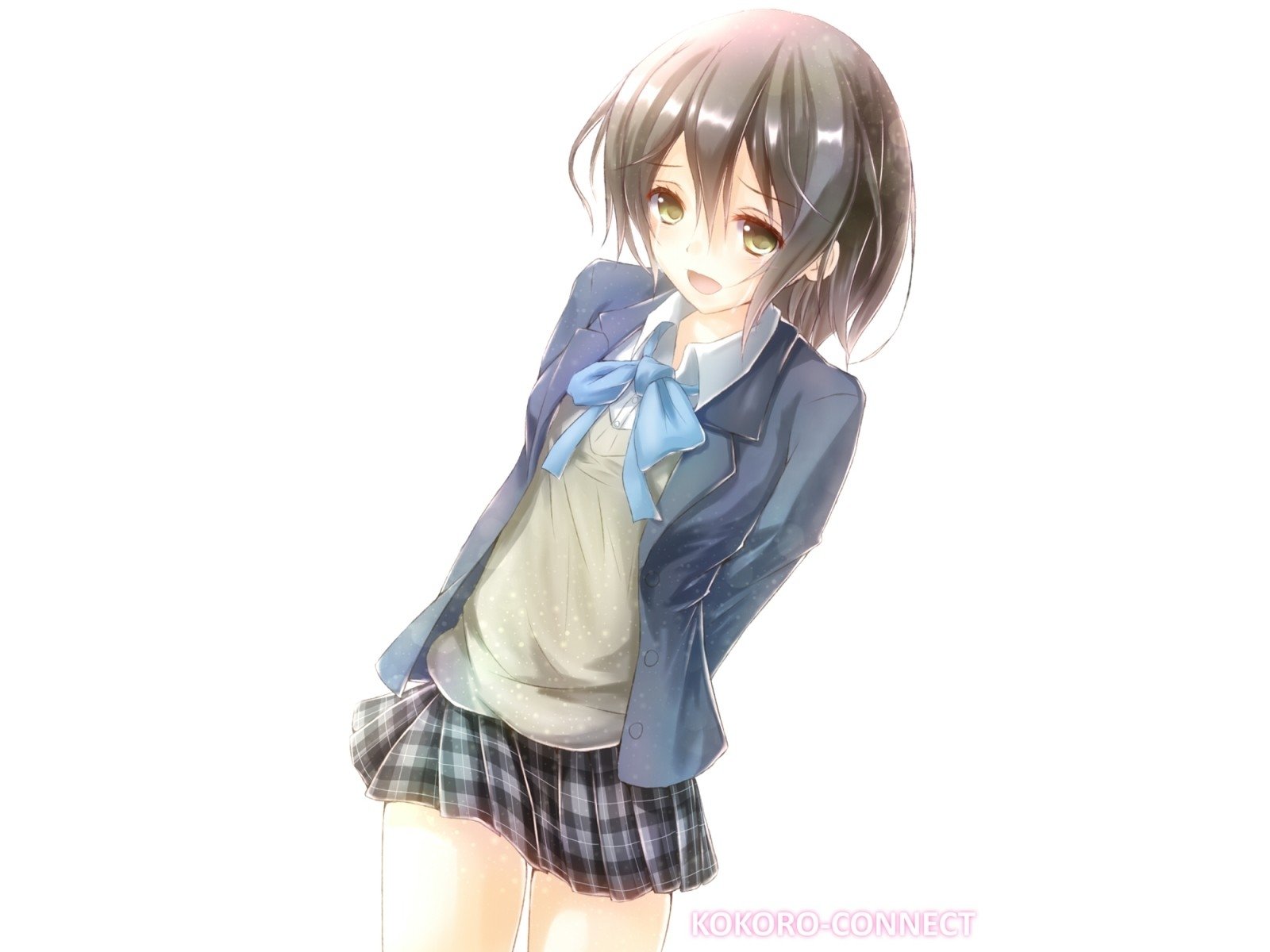 Himeko Inaba from the anime Kokoro Connect, depicted in a school uniform with a blue bow and plaid skirt, smiling softly against a white background.