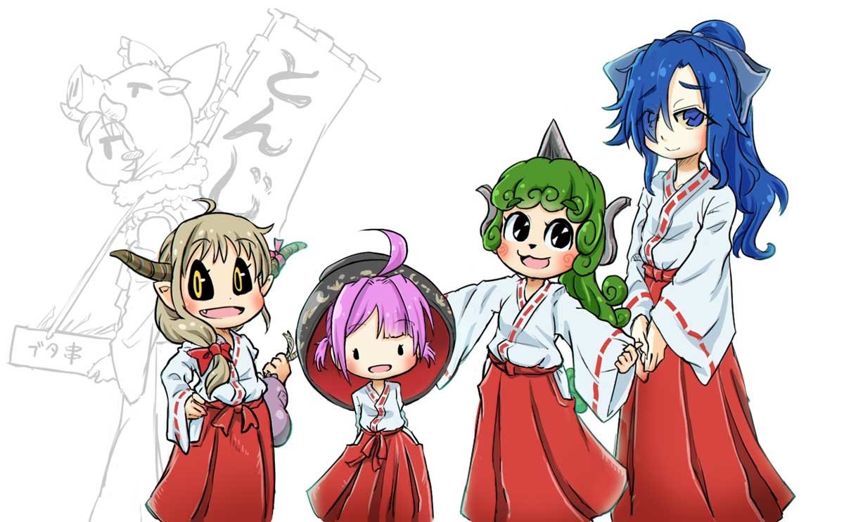 Download Aunn Komano Shion Yorigami Shinmyoumaru Sukuna Reimu Hakurei Suika Ibuki Anime Touhou Art