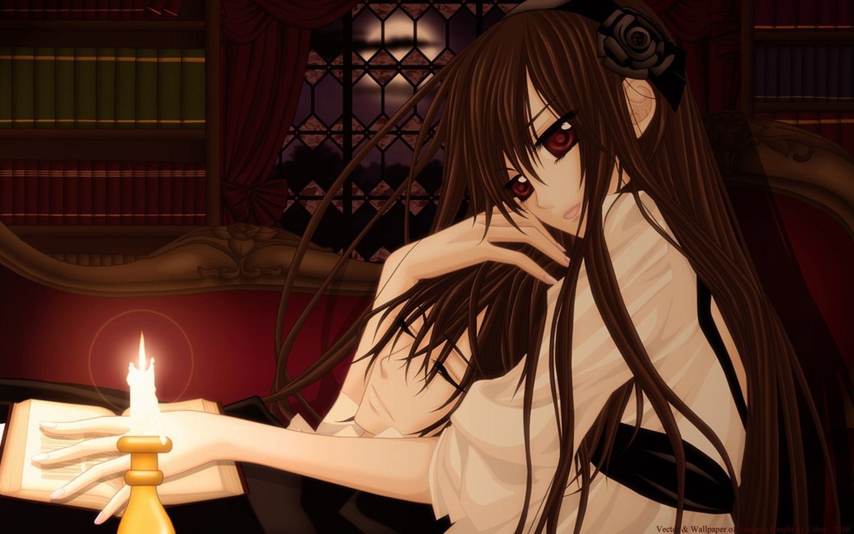 Anime night: Vampire Knight–style scene — long-haired vampire girl with crimson eyes in a candlelit library, lounging on a chaise.
