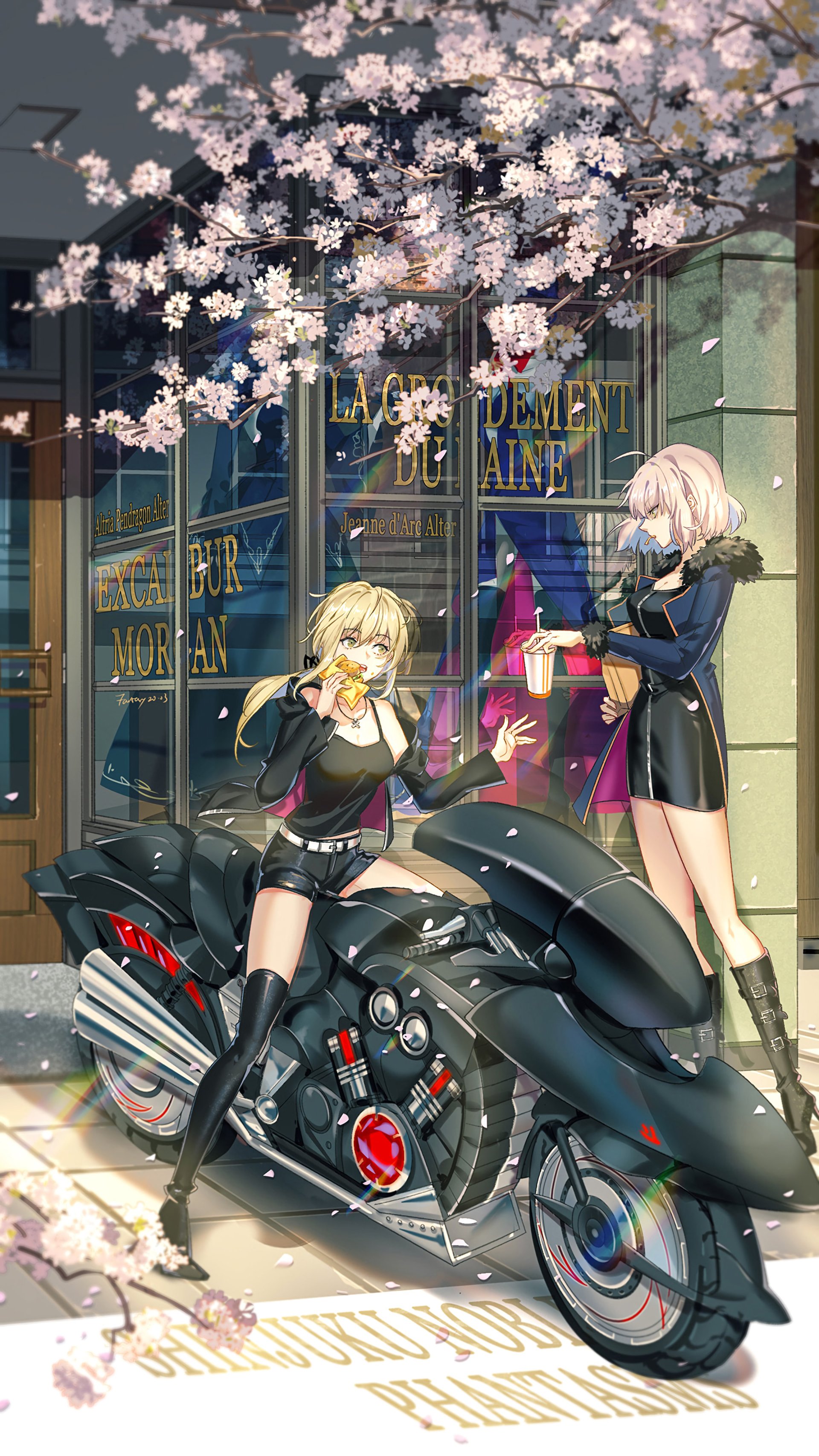 Artoria Pendragon (Alter) and Jeanne d'Arc Alter from Fate/Grand Order — Saber (Fate Series) and Avenger variants — beside a sleek black anime motorcycle under cherry blossoms, one eating, one offering a drink.