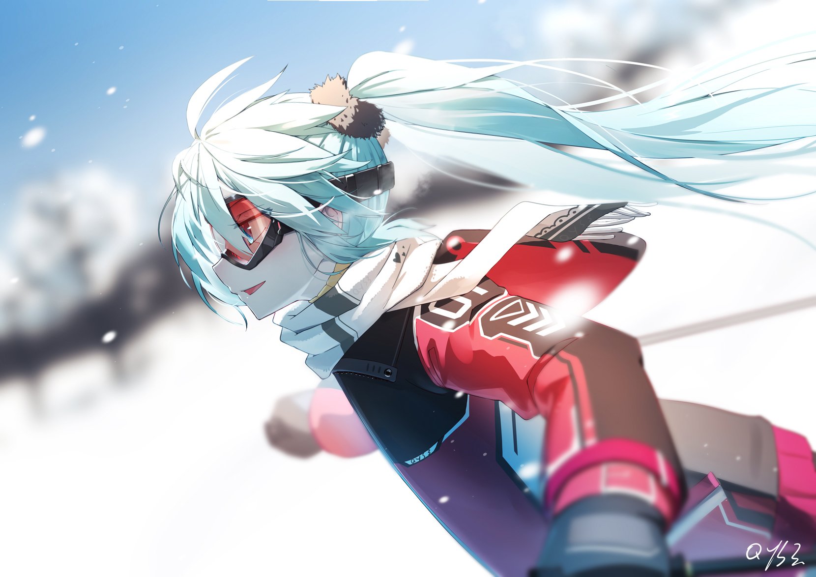 Anime-style Vocaloid character Hatsune Miku skis energetically on a snowy slope, her long turquoise hair flowing behind her under a clear blue sky.