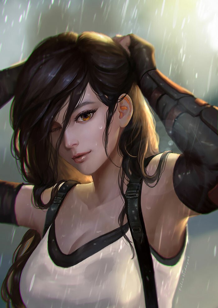 Tifa Lockhart from Final Fantasy VII Remake stands in the rain, adjusting her hair with a confident expression.