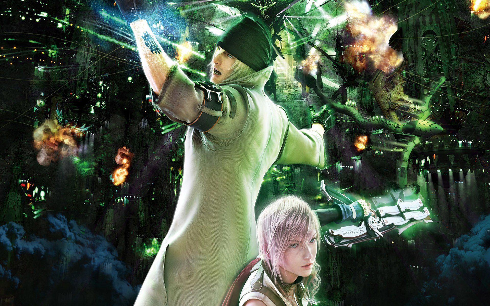 Lightning and Snow Villiers from Final Fantasy XIII stand ready amidst a vibrant, chaotic battle scene filled with glowing effects and explosions.
