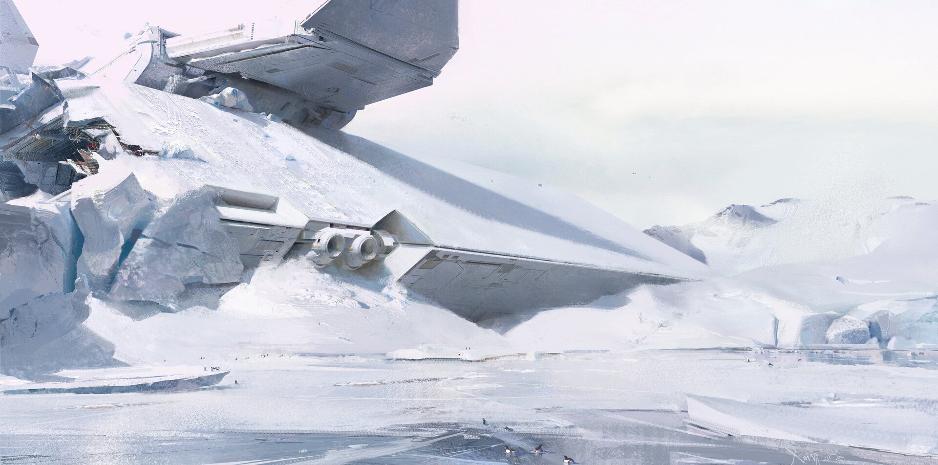 Cinematic ice fantasy landscape: a vast frozen plain and jagged ice cliffs surrounding a half-buried futuristic wreck beneath a pale, wintry sky.