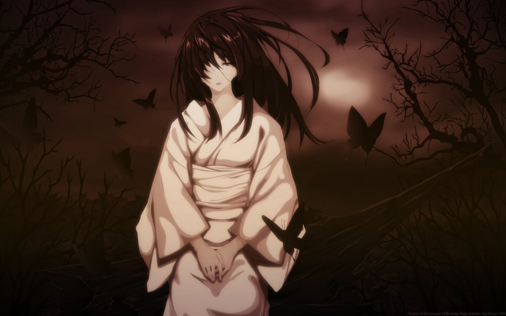 A somber scene featuring Sugina Miki from Innocent Grey. The character stands in a dark, atmospheric landscape, surrounded by swirling shadows and flying crows.