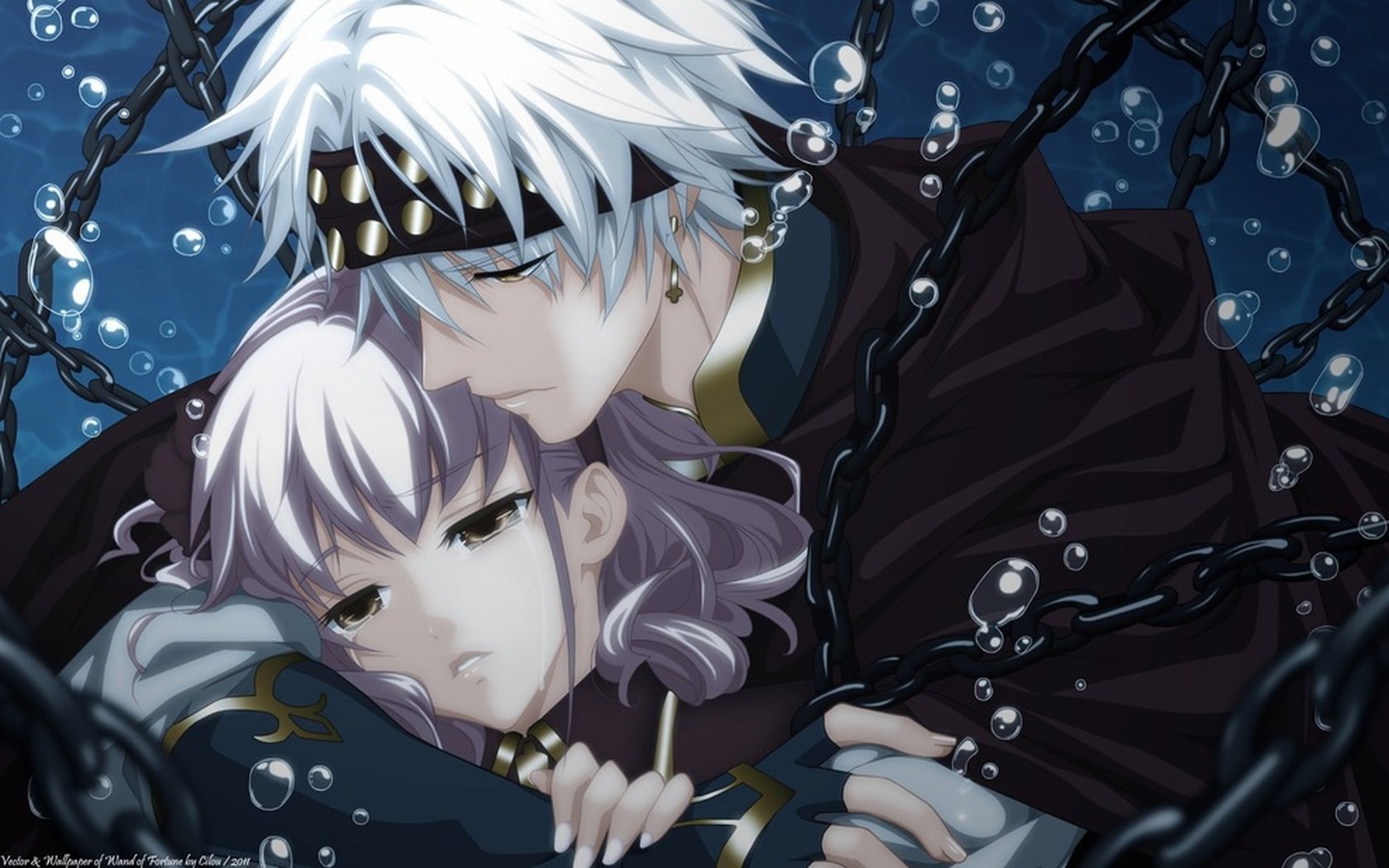 A tender moment between an anime couple from Wand of Fortune, surrounded by swirling water and chains, conveying a sense of connection and vulnerability.