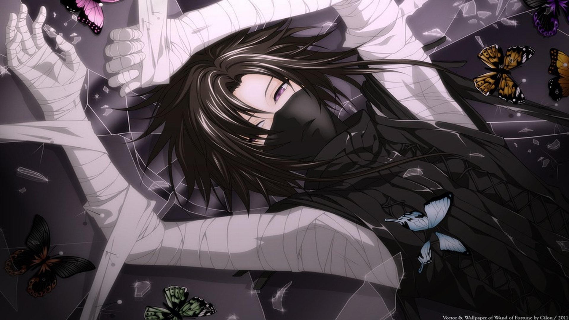 Anime character from the video game Wand of Fortune: masked and wrapped in white bandages, dark hair fanned out, lying amid fluttering colorful butterflies.