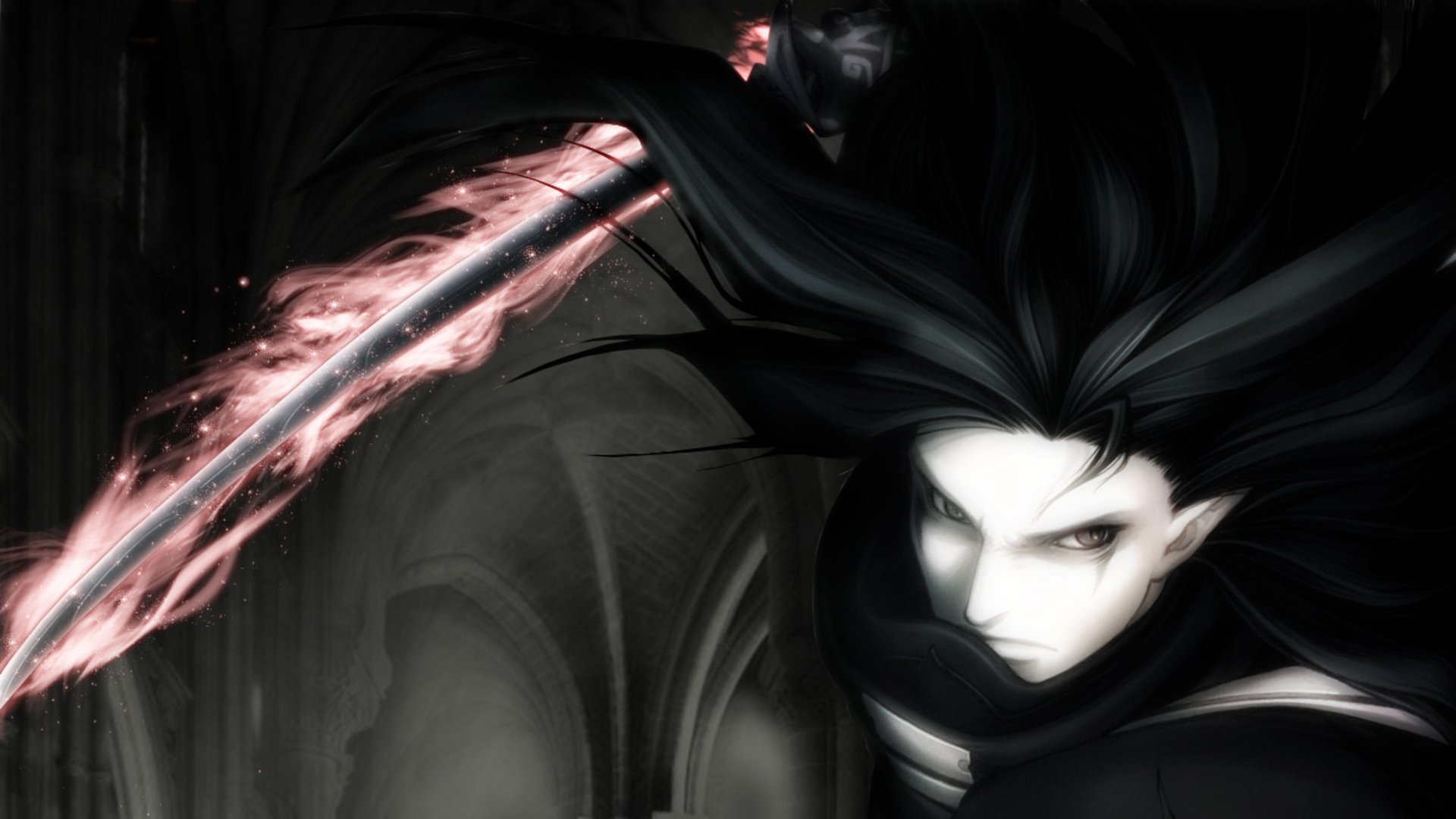 Dark night scene from the video game Samurai Spirits: masked samurai with flowing black hair swings a glowing red blade, pale face illuminated against shadowy stone arches.