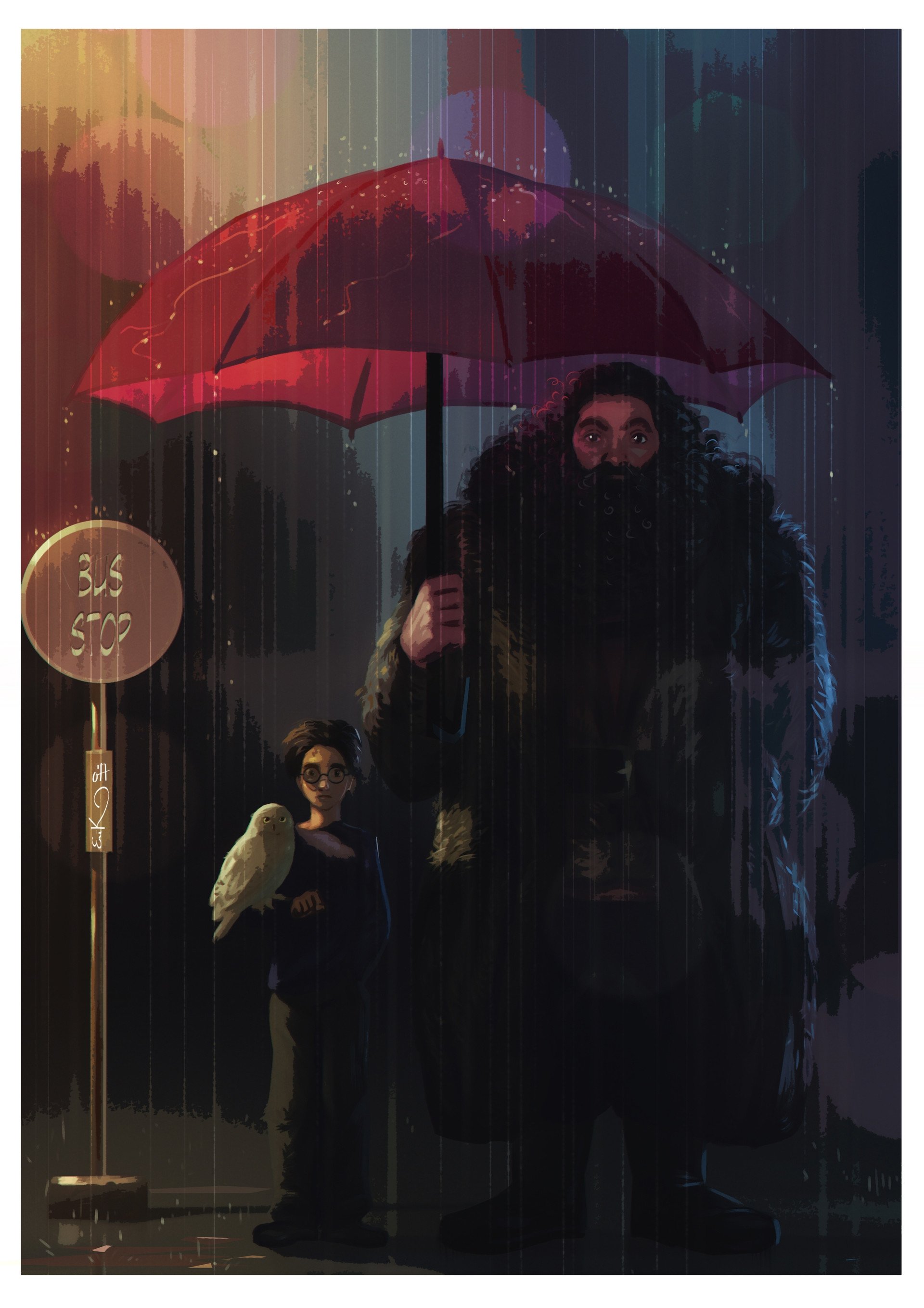 Download Hedwig (Harry Potter) Umbrella Bus Stop Owl Rain Rubeus Hagrid Harry Potter Movie Harry Potter And The Chamber Of Secrets Art