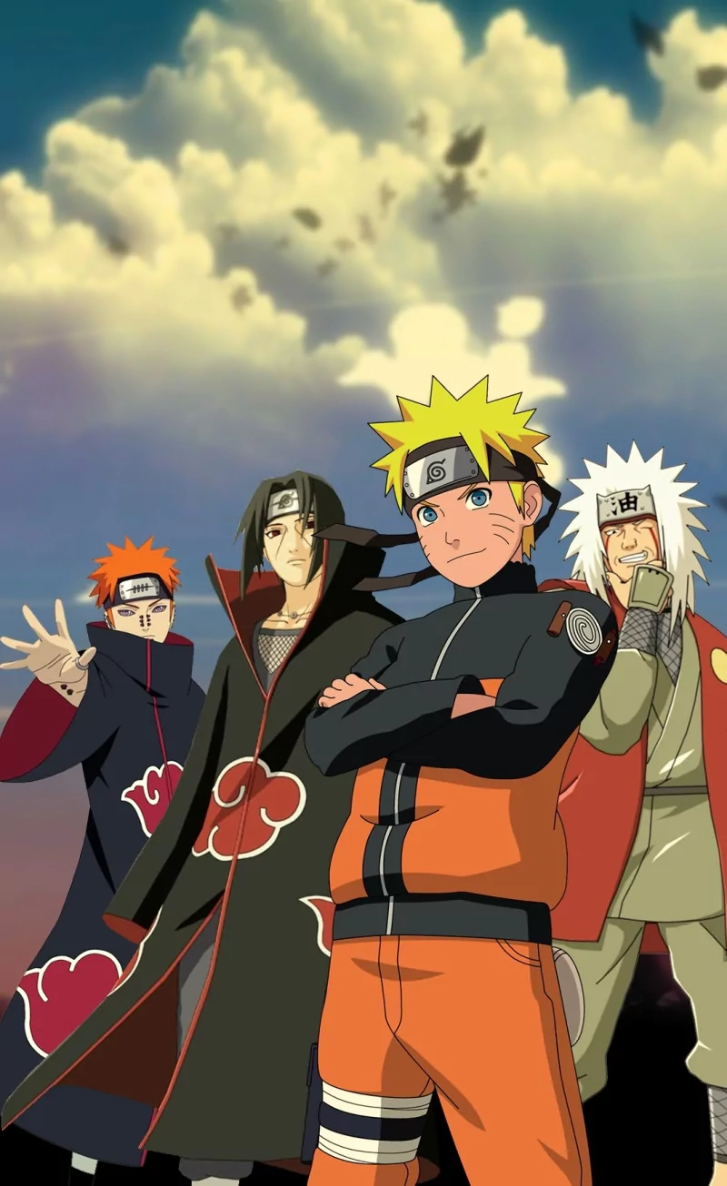Naruto Uzumaki stands confidently in front with Jiraiya, Itachi Uchiha, and Pain behind him under a bright, cloudy sky in this dynamic Naruto anime scene.