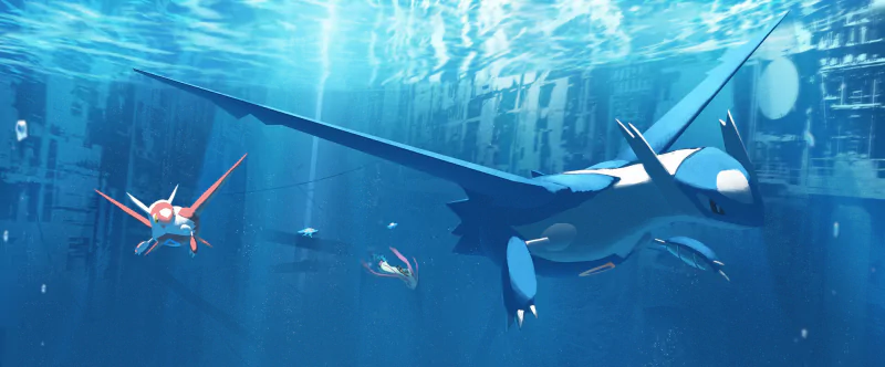 Latios and Latias, Pokémon from the video game series, swim gracefully underwater in a vibrant, blue aquatic environment.