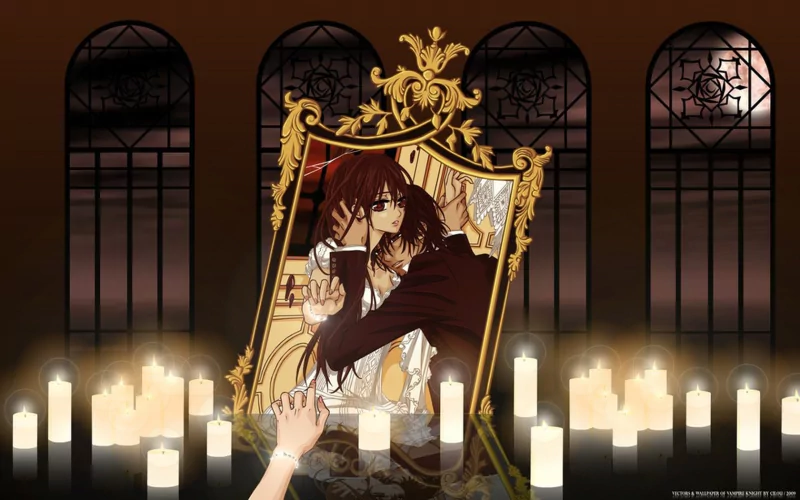 An anime couple from Vampire Knight embraces in a dimly lit room adorned with candles, mirrored reflections enhancing the romantic and mysterious atmosphere of the night.