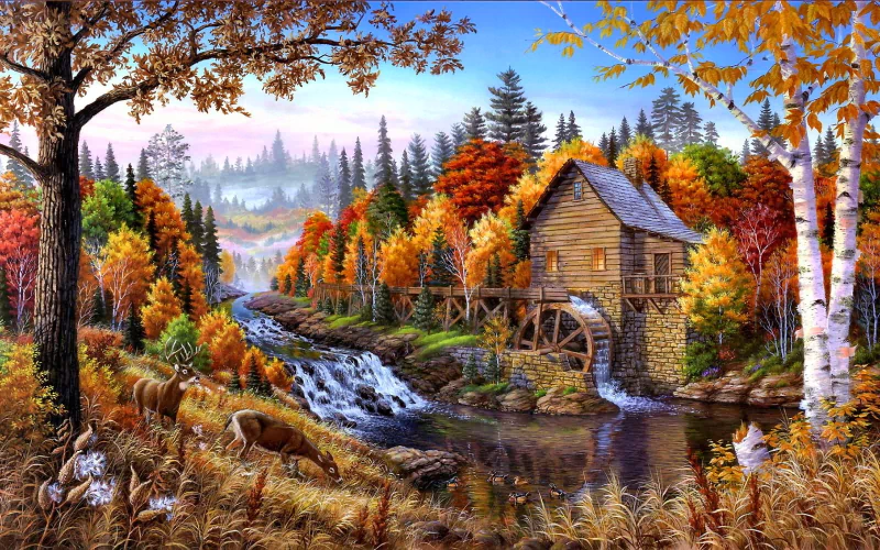 A serene autumn landscape features a charming watermill beside a gentle river, surrounded by vibrant trees in shades of orange, yellow, and green, creating a picturesque scene.