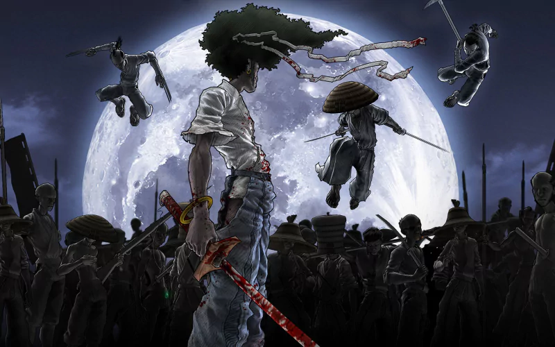 A lone warrior from Afro Samurai stands against a backdrop of a full moon, surrounded by shadowy figures wielding weapons, embodying a dramatic and intense scene.