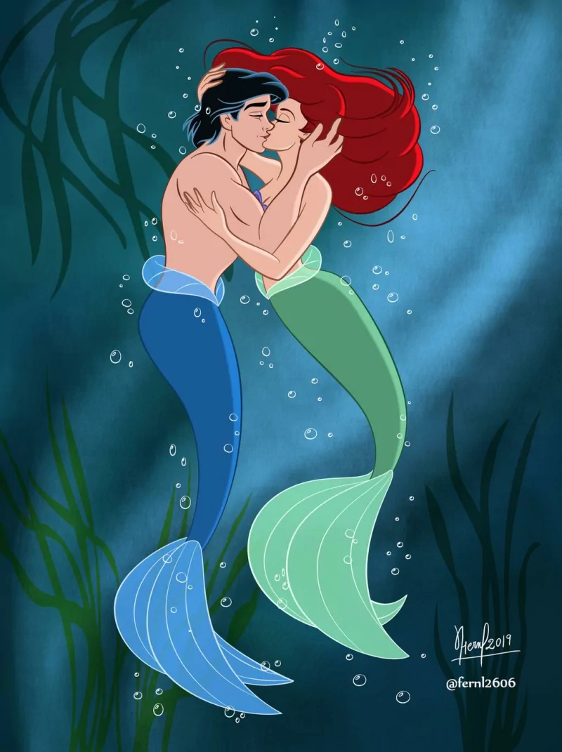 black hair red hair kiss The Little Mermaid merman mermaid Prince Eric Ariel (The Little Mermaid) movie The Little Mermaid (1989) Image