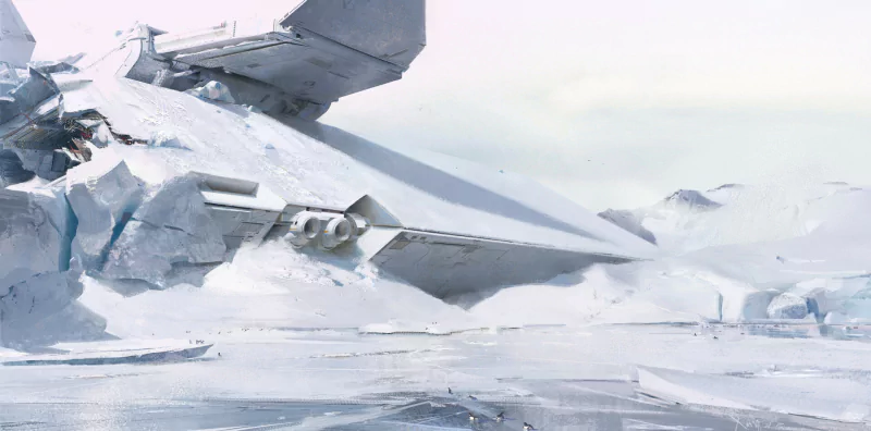 Cinematic ice fantasy landscape: a vast frozen plain and jagged ice cliffs surrounding a half-buried futuristic wreck beneath a pale, wintry sky.
