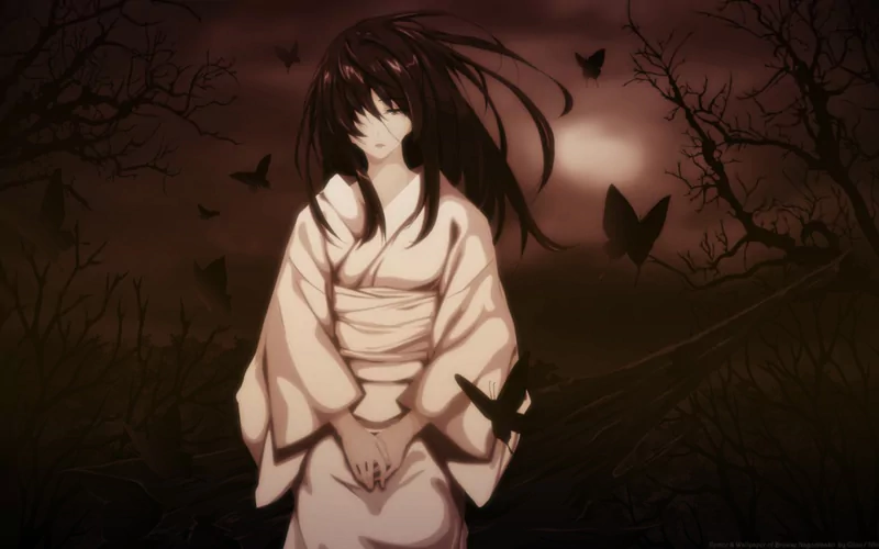 A somber scene featuring Sugina Miki from Innocent Grey. The character stands in a dark, atmospheric landscape, surrounded by swirling shadows and flying crows.