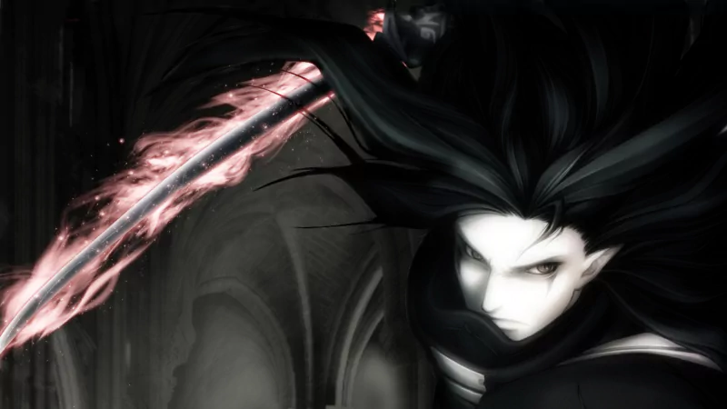 Dark night scene from the video game Samurai Spirits: masked samurai with flowing black hair swings a glowing red blade, pale face illuminated against shadowy stone arches.