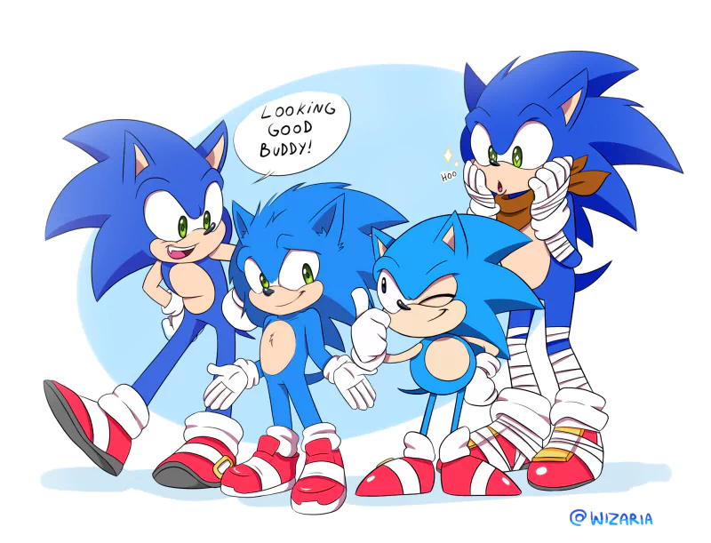 Four Sonic the Hedgehog variants — Classic Sonic, Boom Sonic and two modern-style Sonics (some with green eyes) — stand together striking playful poses in red shoes.