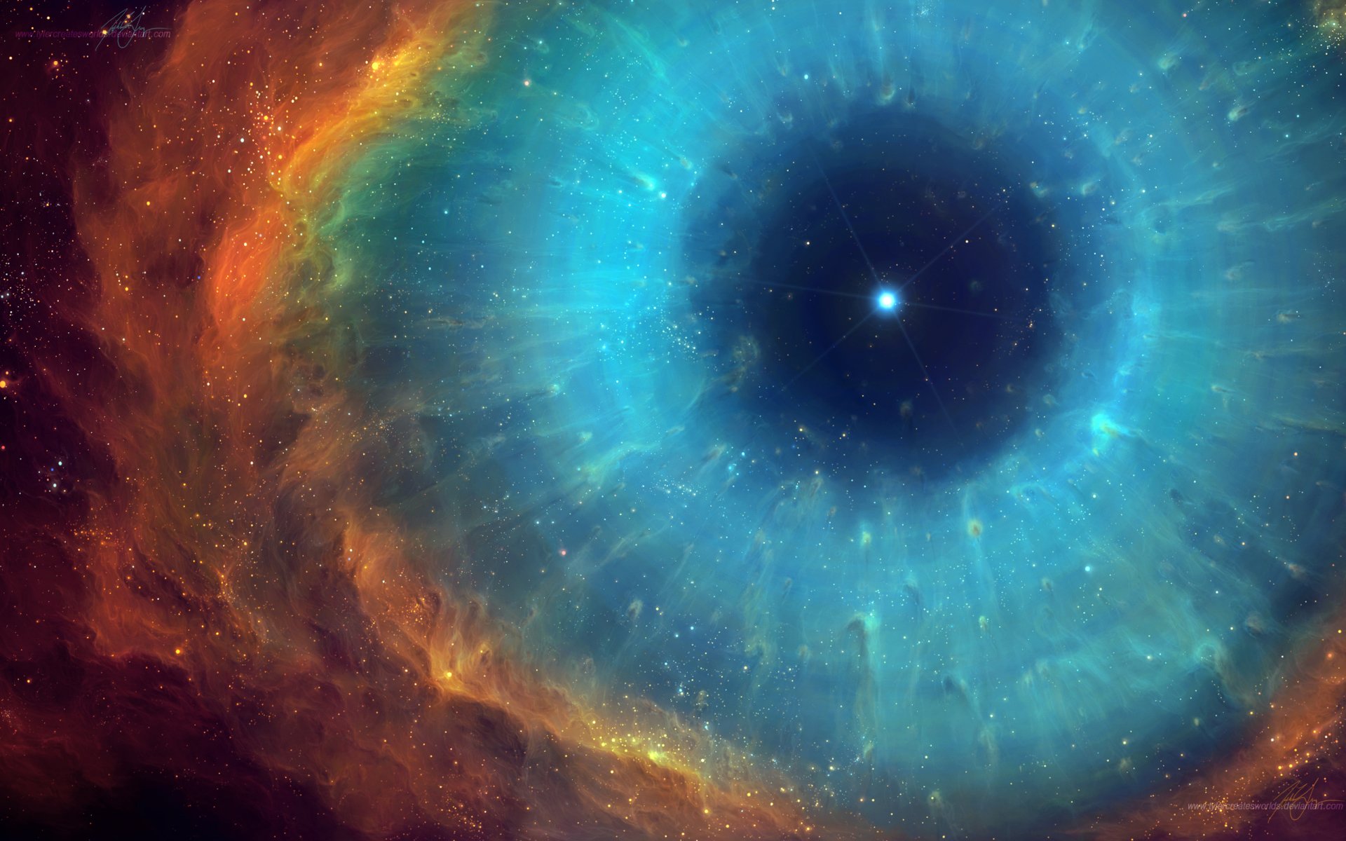 A stunning view of the Helix Nebula in space, showcasing vibrant blue and orange hues surrounding a central star, evoking a sci-fi atmosphere and the beauty of the cosmos.