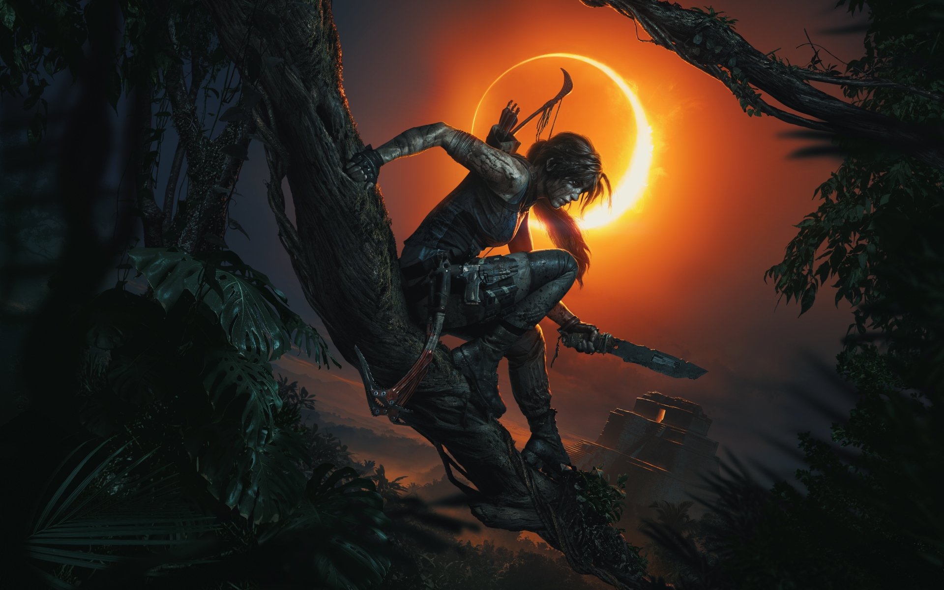 A woman warrior resembling Lara Croft from Shadow of the Tomb Raider perches on a tree at night, silhouetted against a striking eclipse and surrounded by lush jungle scenery.
