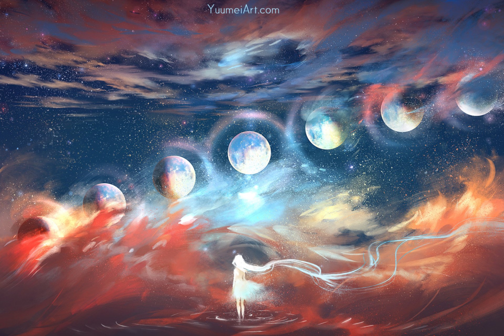 A serene figure stands against a vibrant starry sky, surrounded by floating planets. The anime-style artwork captures a sci-fi atmosphere filled with swirling colors and cosmic wonder.
