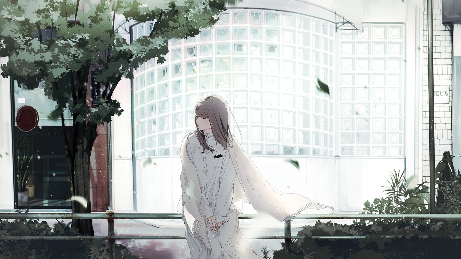 Anime girl with grey hair wearing a flowing dress sits quietly on a bench in a serene, light-filled urban setting surrounded by greenery and glass architecture.