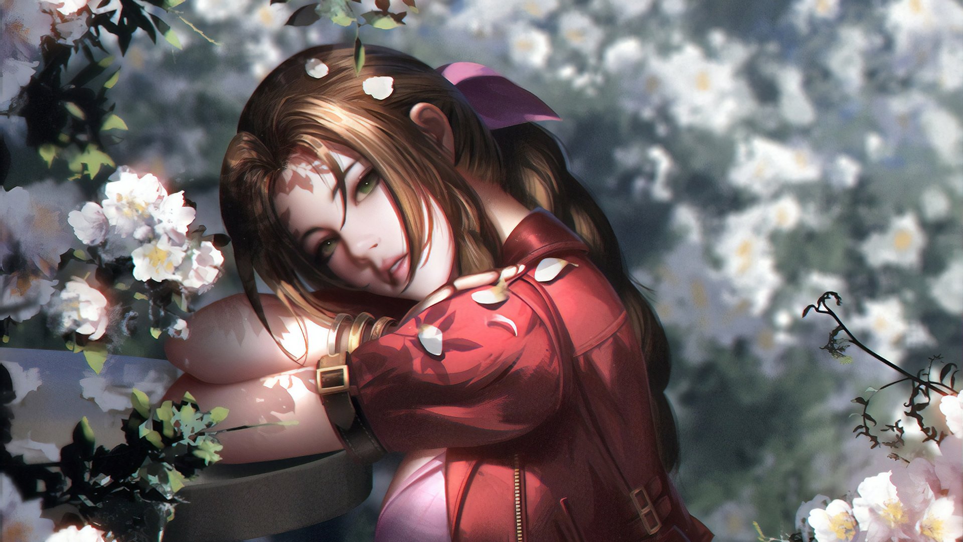Aerith Gainsborough from Final Fantasy VII Remake rests among blossoming flowers, her brown hair and green eyes softly illuminated in this serene video game scene.