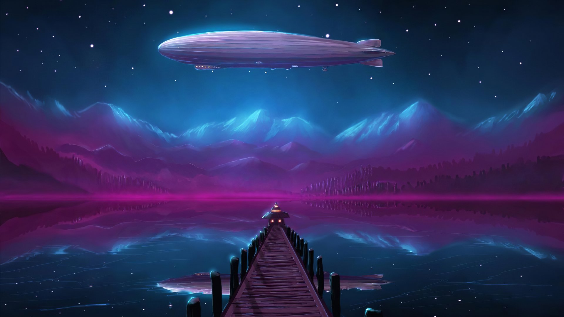 Download Reflection Zeppelin Purple Night Mountain Pier Artistic Lake Art