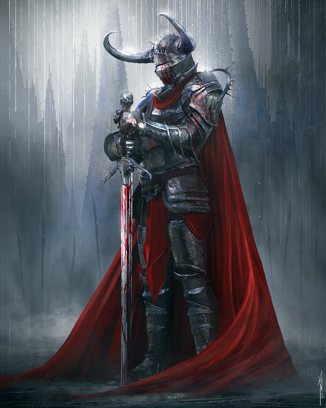 Armored fantasy knight in a horned helm stands in driving rain, gripping a blood-streaked sword as a red cape billows against a dark, stormy backdrop.